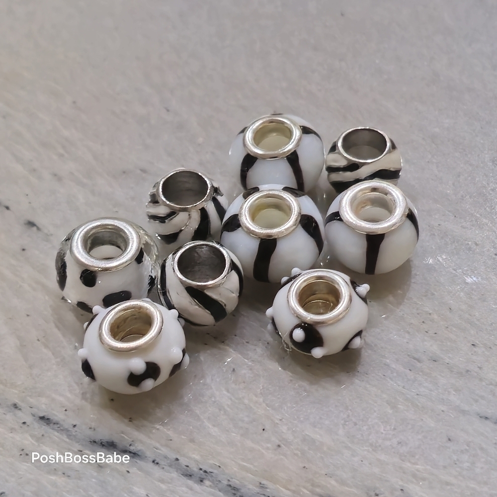 Lot of 9 metal core center murano glass beads for pandora type bracelets